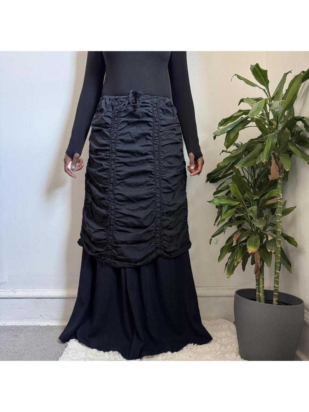 Vintage Y2K Motto Ruched Drawstring gorpcore Midi Skirt - Black L